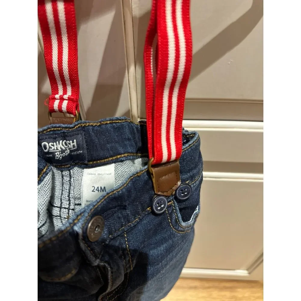 Boys Oshkosh jeans with suspenders, red‎ and white size 24 months